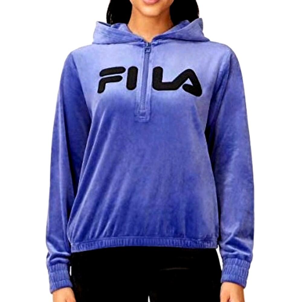 Fila Blue Crushed velour velvet 1/4 Zip Pullover Hoodie Size Small